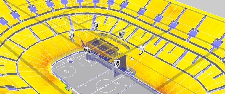 3D model of sound system set up by L-Acoustics at the Wells Fargo Center in Philadelphia