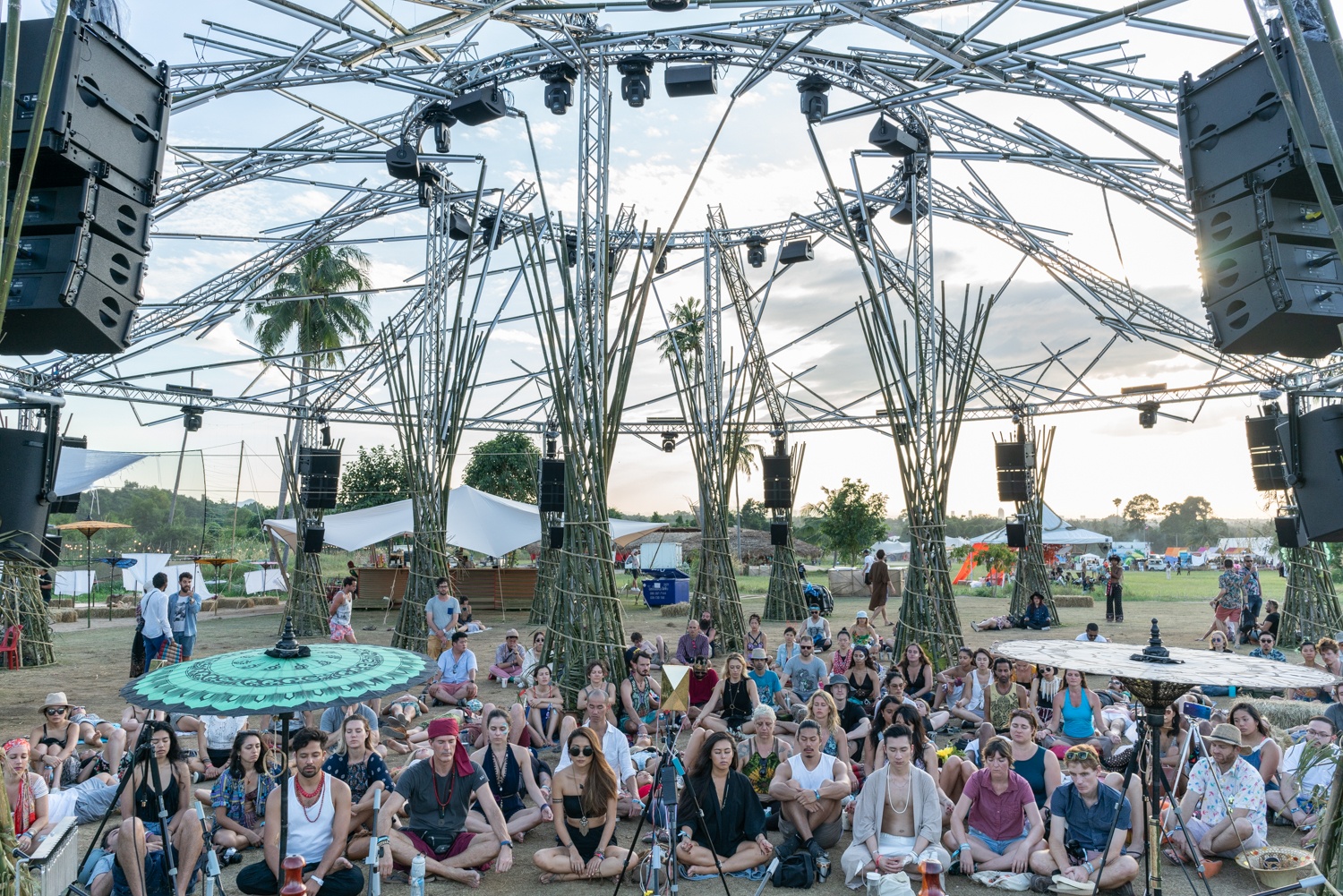 12 hangs of 3 Kara plus an SB18 were placed in a dodecahedron configuration facing the centre of the structure, with a 115XT HiQ below each hang to allow for nearfield coverage, Wonderfruit Festival 2018, The Fields of Siam Country Club, Pattaya, Thailand