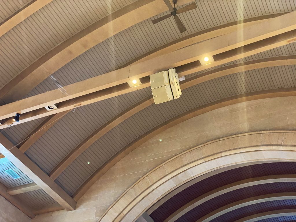 Speaker on ceiling for church's sounds design.