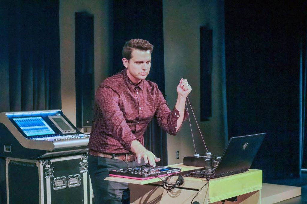 BYU Assistant Professor Kevin Anthony controlling multi-source panning in real-time on The Box’s L-Acoustics Syva and X8 speakers with a Gametrak controller