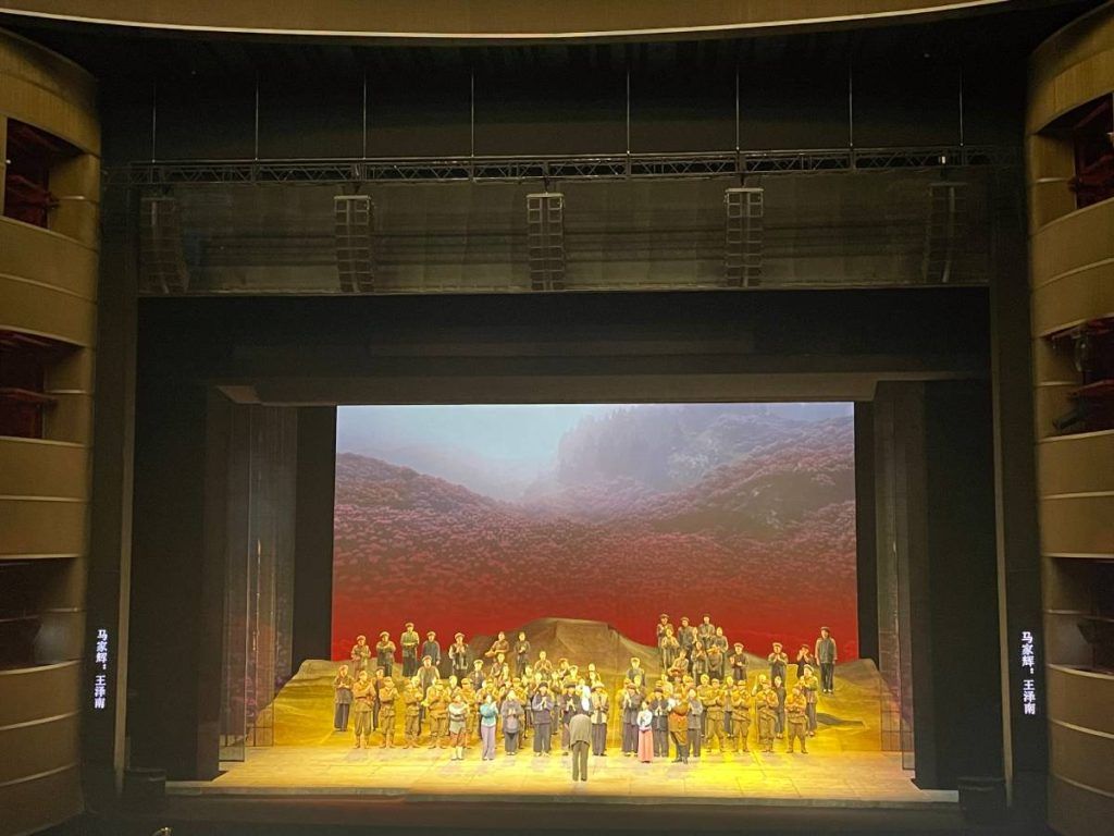 The L-ISA main scene system of five hangs of eight L-Acoustics Kara concert sound system each, spread across the stage at The National Centre for the Performing Arts in Beijing
