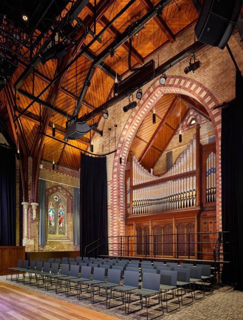  L-Acoustics A10 Wide in the transept section provide side-fill for the flexible floor seating arrangement at St George’s Performing Arts Centre.