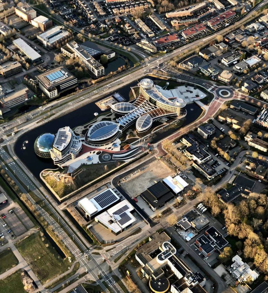 An aerial view of the AFAS complex with its 800-capacity theater centerpiece, now with L-ISA immersive audio technology