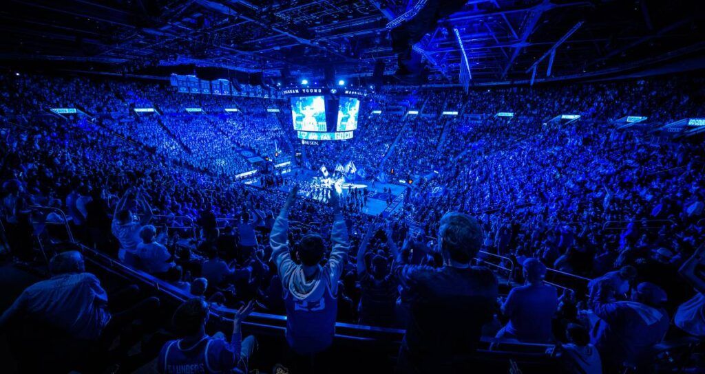 BYU’s Marriott Center has the largest seating capacity of any basketball arena in the Big 12 Conference, accommodating nearly 18,000 fans (photo credit: Nate Edwards/BYU)