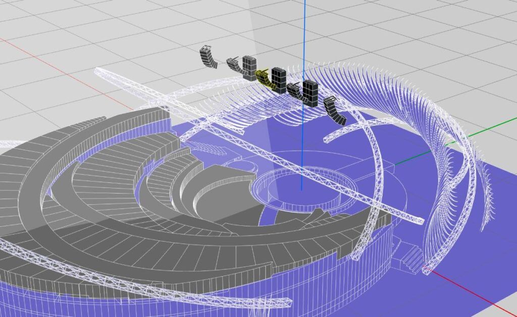 The Next Singer L-ISA Scene System of three arrays of six L-Acoustics K2 and two hangs of eight Kudo boxes per side with three arrays of four KS28 subwoofers flown behind