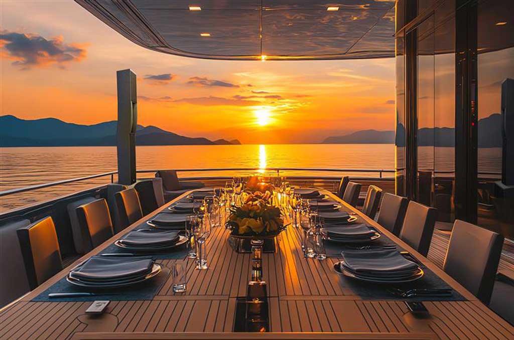 A professional sound system adds ambiance on a sunset cruise.
