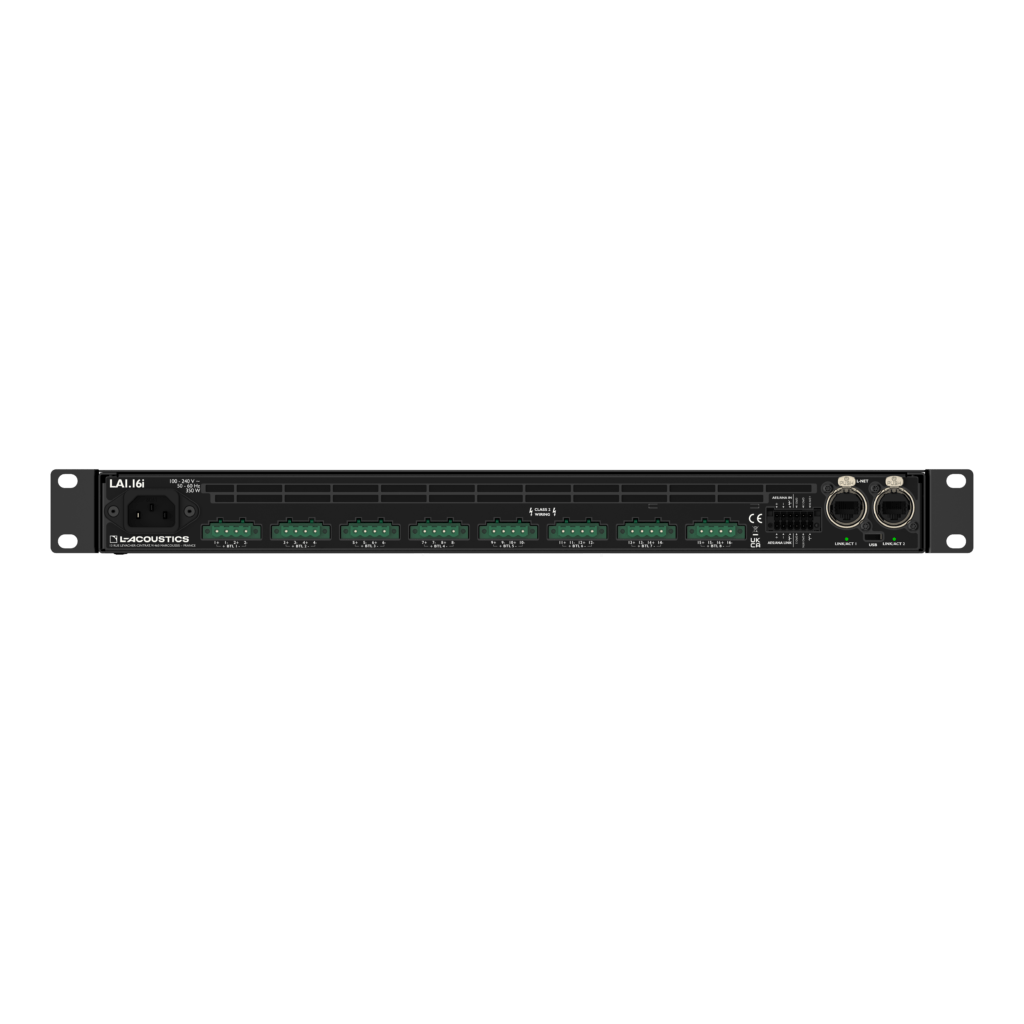 The LA1.16i features installation-friendly terminal block connectors, Milan-AVB networking, and a 24V DC backup power input for DSP for mission-critical applications