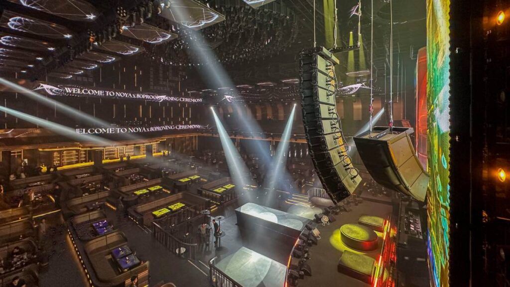 NOYA X 80 PROOF features main L/R system of nine L-Acoustics K2 per side and out-fill system of two L-Acoustics A15 Focus and one Wide per side