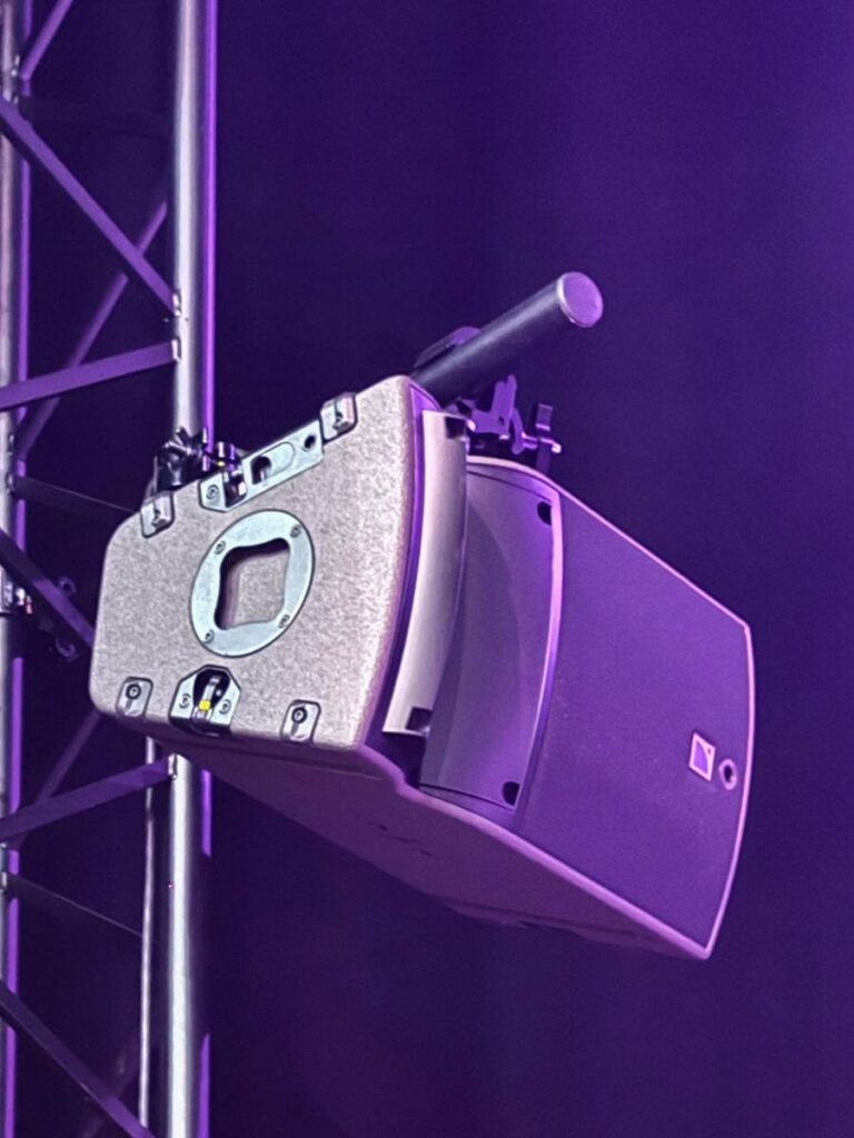 The installation includes sophisticated monitoring solutions with permanently hung A10 speakers