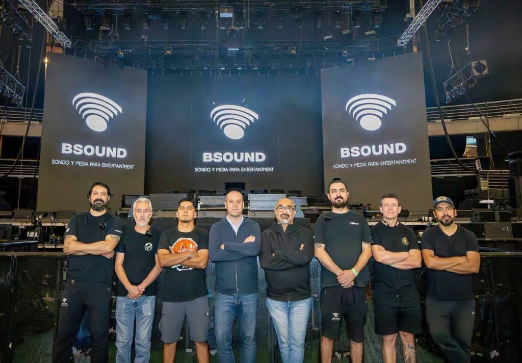 Bsound’s audio team (left to right) at Movistar Arena in Santiago: Mauricio Castillo, Hugo González, Fernando Fuentes, Daniel Vinagre Abt, Daniel Silva, Alvaro Durán, Patricio Avila, and Claudio Contreras