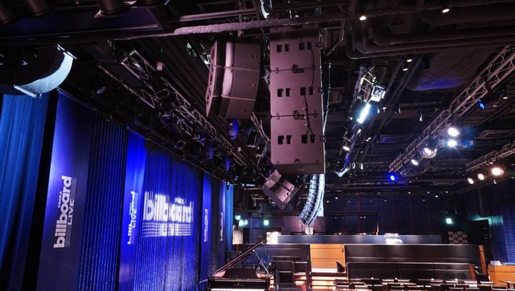 Out-fill coverage in Japan’s Billboard Live Osaka venue consists of one L-Acoustics A10 Focus and two A10 Wide per side