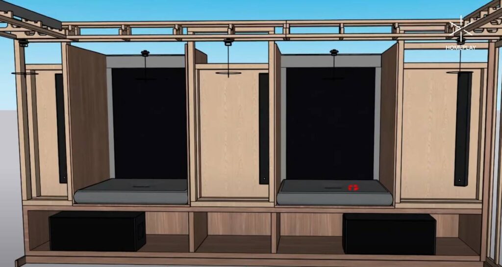 Architectural render showing speaker placement and room modifications for the L-Acoustics cinema system installation.