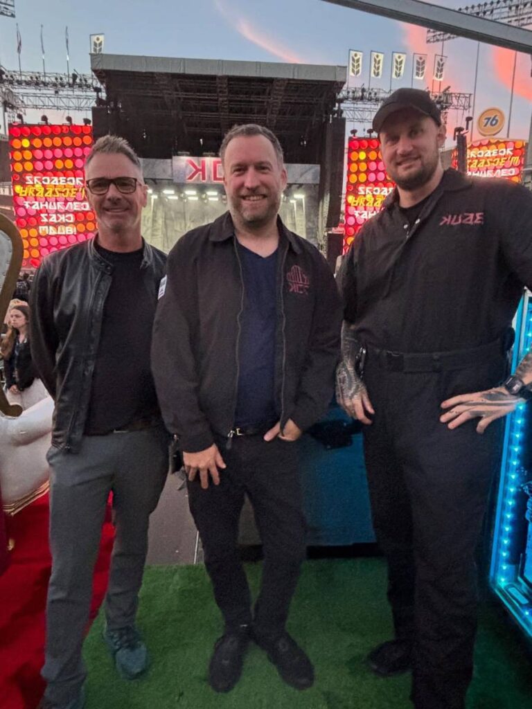 Left to right: MCR Crew Chief Tristan Johnson, FOH Engineer Jay Rigby, and System Engineer Andy Fitton