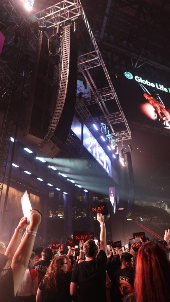 The tour’s concert sound system design includes two main hangs of six L-Acoustics K1-SB subs over 14 K1 over four K2, each backed by a hang of 16 KS28 subs