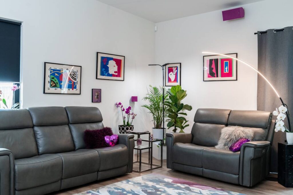 While the colour pops and considered design create a bold, visually striking room, it was the audio quality of the finished project that truly blew the clients away.