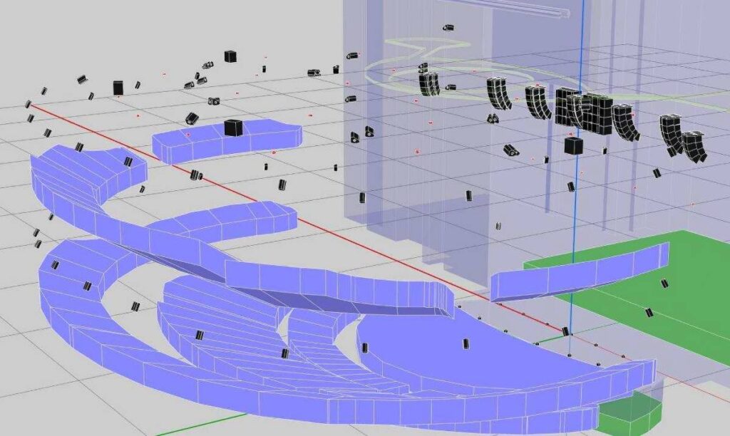 Extension hangs of three A15i Focus and one A15i Wide per side provide coverage for the 180° seating layout at Anhui Bai Xi Cheng Acrobatic Theatre