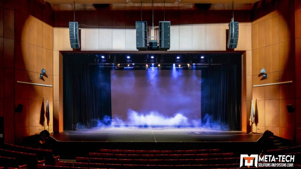 The International School Manila (ISM) Fine Arts Theater main left-right arrays feature four L-Acoustics A10i Focus and one A10i Wide per side with one A10i Focus and one A10i Wide flown in the centre with two hangs of three KS21i subwoofers 