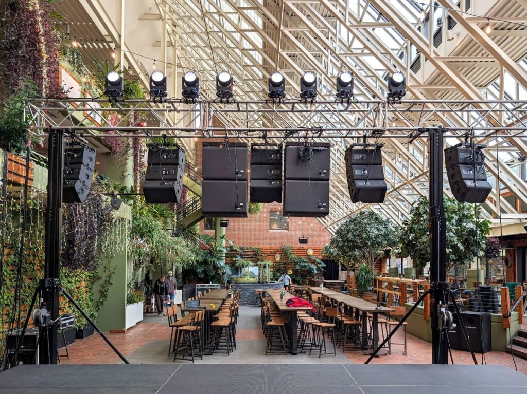 Klondike Sound’s L-Acoustics system design comprised five Scene arrays of two A10 Focus and one A10 Wide boxes each, with four flown KS21 subs