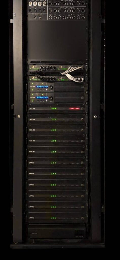 The processing architecture includes 12 L-Acoustics LA7.16i amplified controllers 
