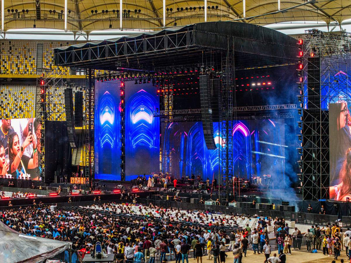 The Jana Nayagan audio launch concert main system of 16 L-Acoustics K1 and six K2 down per side, with 12 K1-SB subwoofers flown behind in Kuala Lumpur’s Bukit Jalil National Stadium 