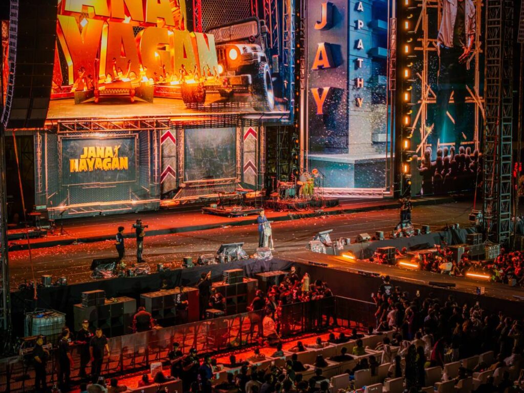 Front-fill consisted of L-Acoustics Kara II enclosures set atop KS28 subwoofers ground-stacked at the front of the stage for the Jana Nayagan audio launch concert in Kuala Lumpur 