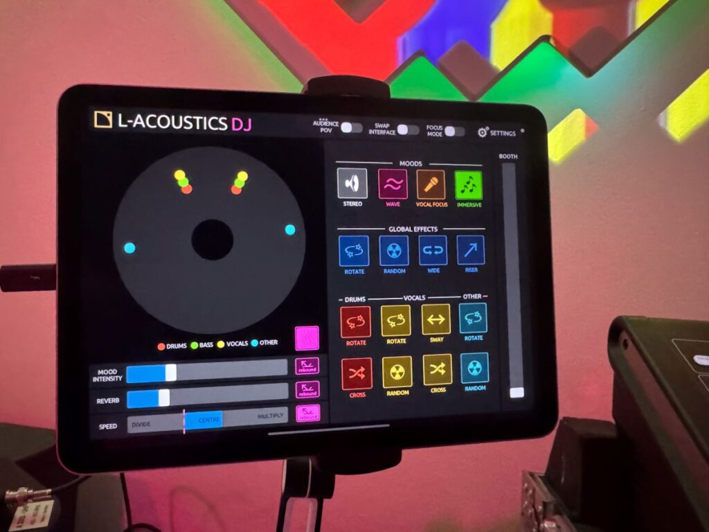 The new venue’s L-Acoustics DJ iPad app, seen here, is paired with an L-Acoustics DJ hardware controller and L-ISA Processor II
