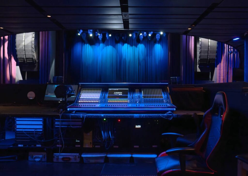 A view of the venue’s new L-Acoustics K2 arrays and stage from The Novo’s DiGiCo Quantum338-equipped front-of-house mix position ©Joe Vallejo