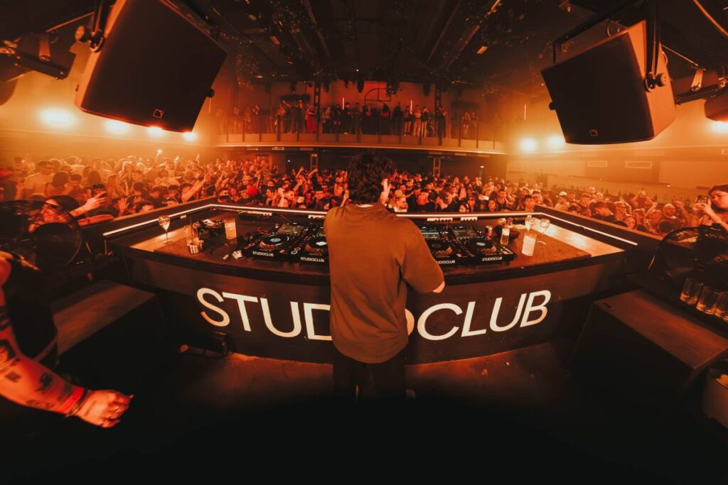 At DJ position, two X12 on a rail-mount system accommodate one or two performers, with one SB18 per side for localised low-frequency reinforcement