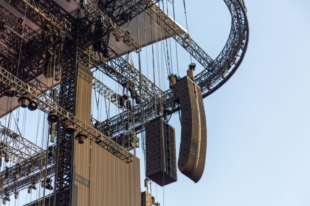 A close-up of the L1, L1D, and CS1 main hang on Joker Xue's Asia tour, showing the transducer density and rigging architecture that defines the L Series at its flagship level.