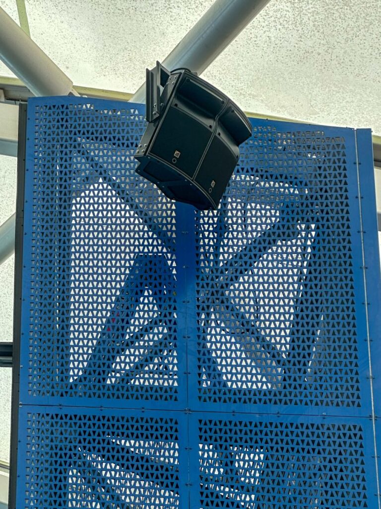 The L-Acoustics speakers are all flown beneath the roof gantry on custom-designed metalwork developed specifically to retrofit the stadium's existing structure
