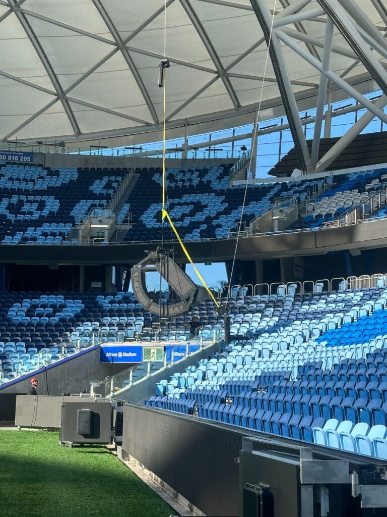 Every array had to be installed using motors and rope access from the roof structure