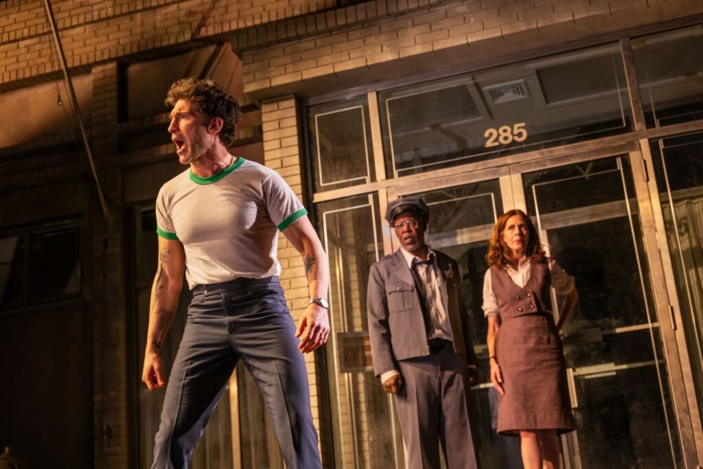 A scene from Dog Day Afternoon featuring Jon Bernthal (“Sonny”), Danny Johnson (“Mr. Eddy”), and Jessica Hecht (“Colleen”) – photo credit: Matthew Murphy