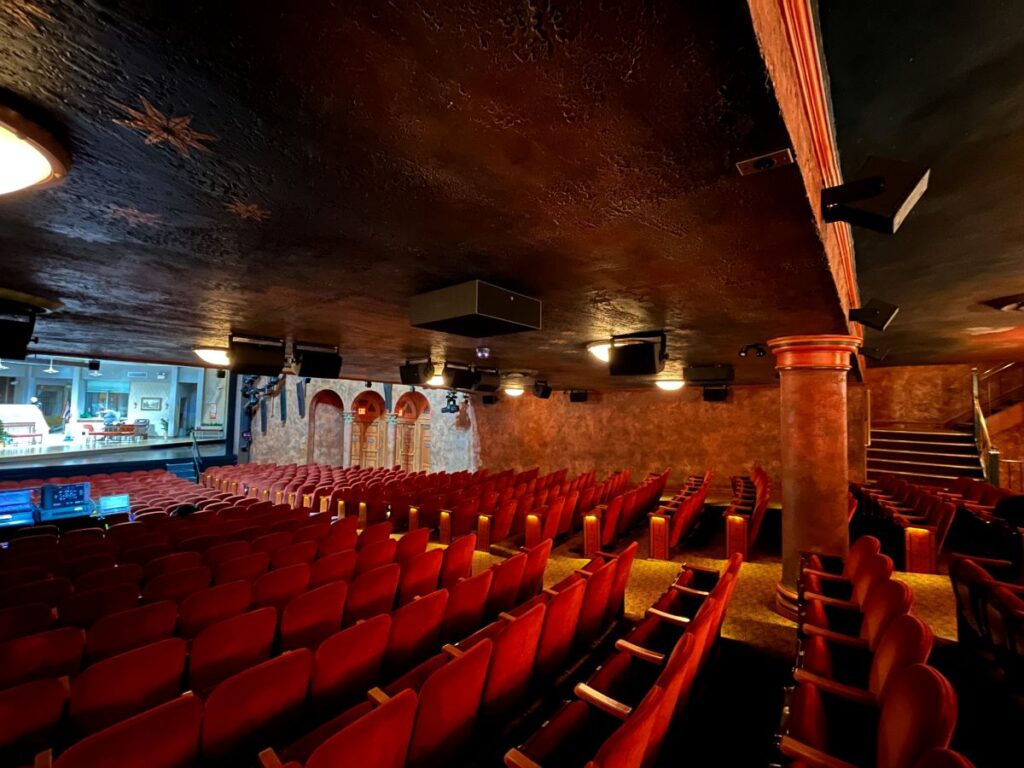 The SB18 subs flown in the main Scene system are complemented by low-profile L-Acoustics SB10i subs mounted to the ceiling underneath the mezzanine