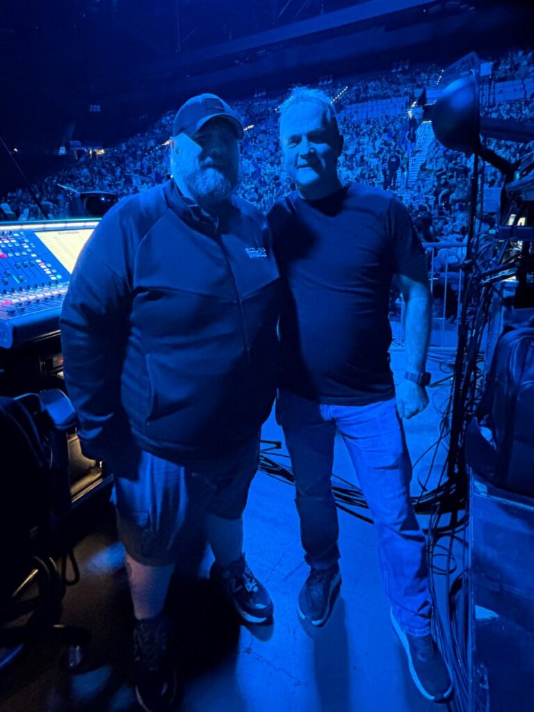 Systems Engineer Chris Demonbreun (left) and FOH Engineer Philip J Harvey at the tour’s FOH mix position