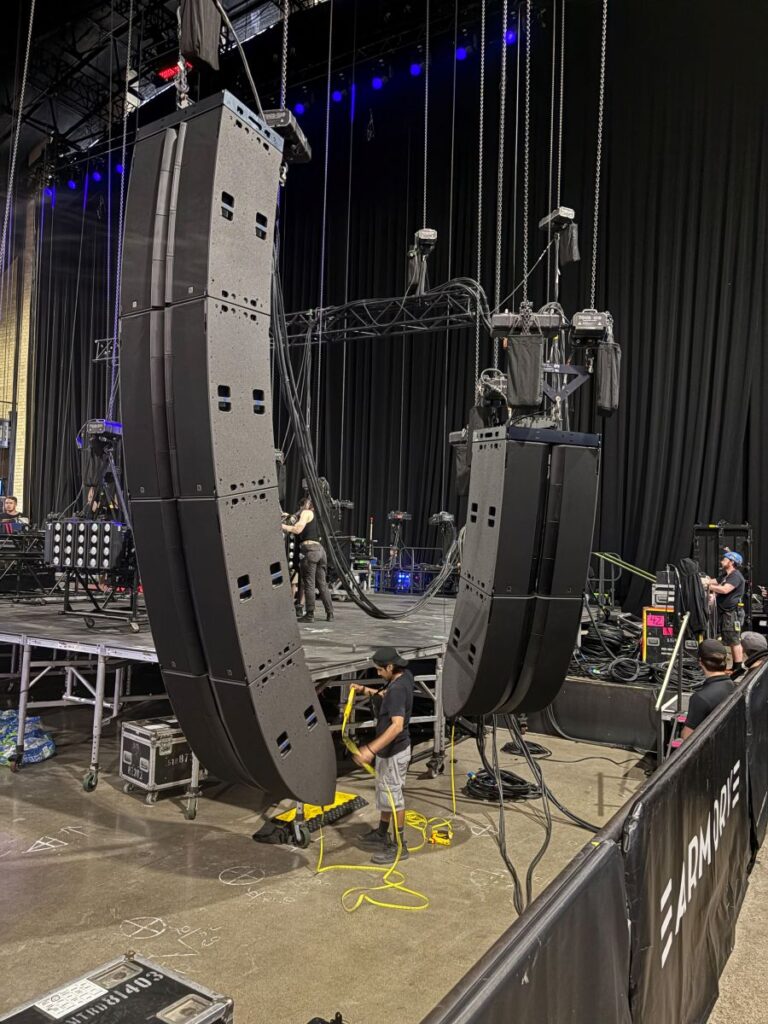 The crew preparing to fly Ultrasound’s L Series Scene and out-fill arrays