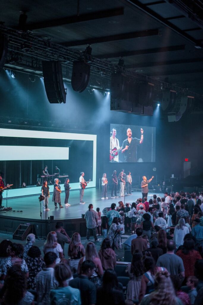 With object-based mixing, the church’s engineers can place each sonic element on the stage plane and the system delivers it evenly to every seat