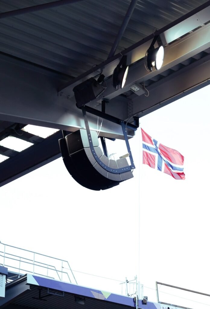 Close up of one of the main L-Acoustics A15i Wide/Focus hangs, during the football match Norway vs Slovakia at Ullevaal Stadium, Oslo, Norway.
