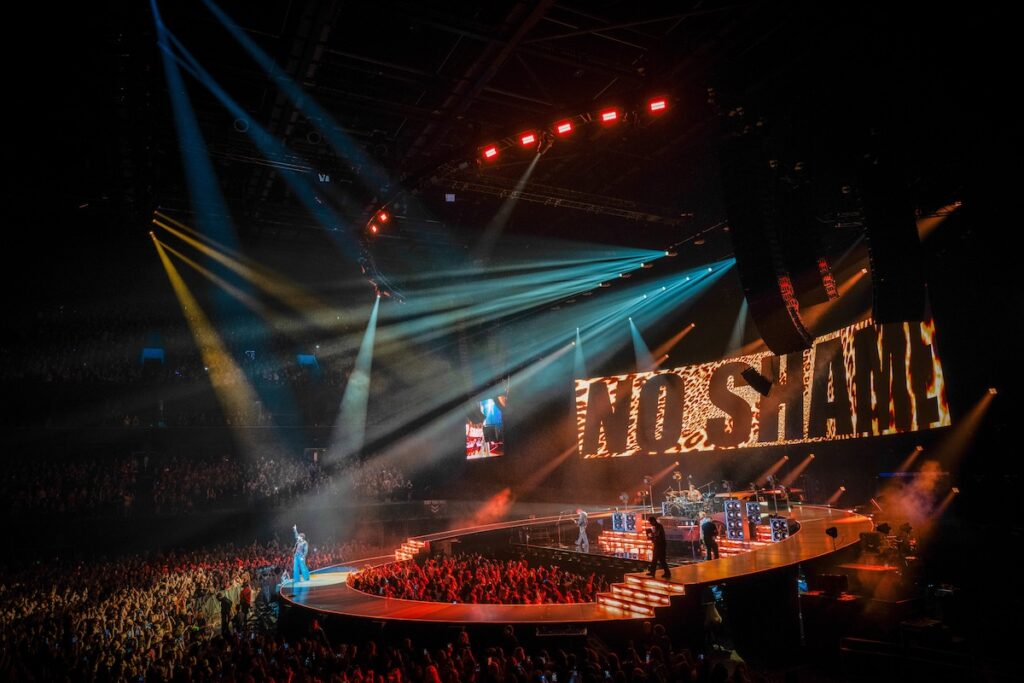 The stage for 5 Seconds of Summer’s Everyone’s a Star! World Tour is a 75-foot-wide ring where the band plays its upstage half against a curved video wall, and the downstage half is a curved thrust that carries them out into the room