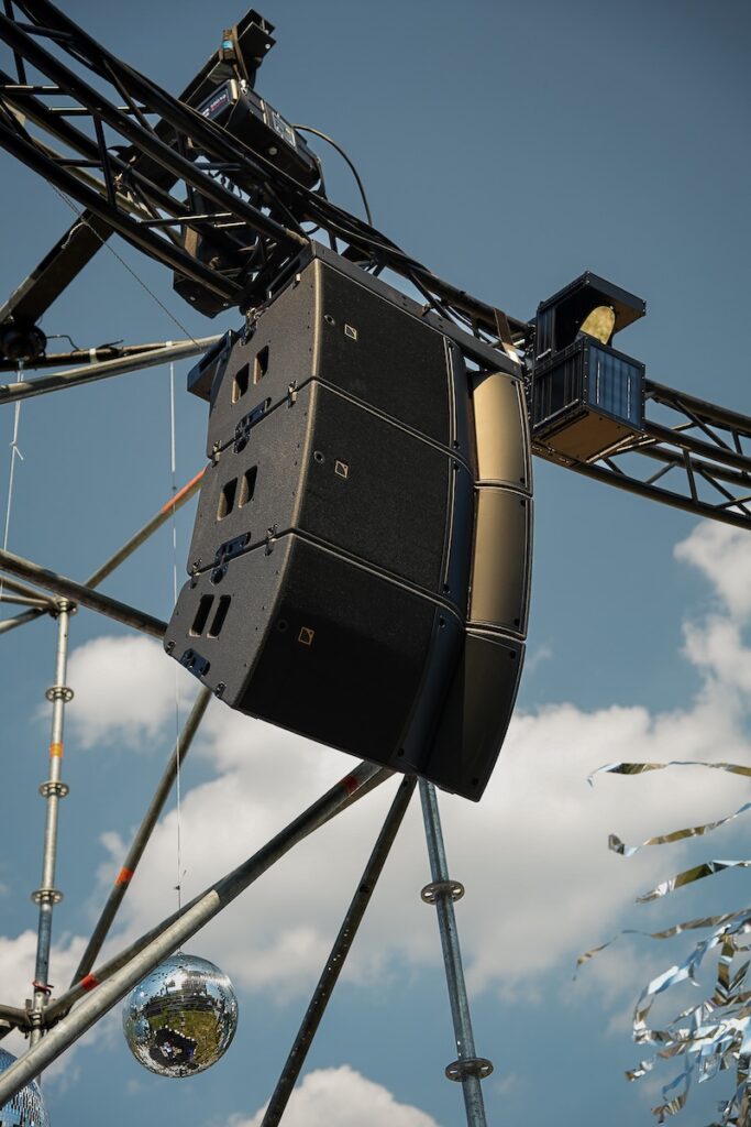 L-Acoustics A15 hang from the 16 m ring truss in the Red Bull Energy Zone, the first festival stage in Europe with an L-Acoustics DJ spatial sound system